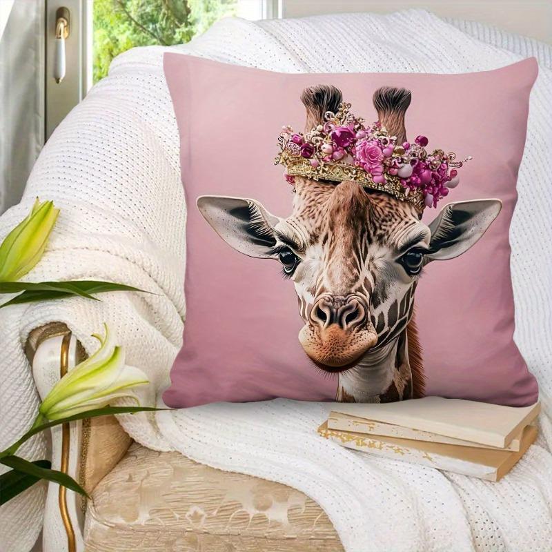 2D Flat- Royal Crown Giraffen Pink Throw Pillow Cover Luxury Animal Decorative Pillowcase For Home Sofa Bedroom
