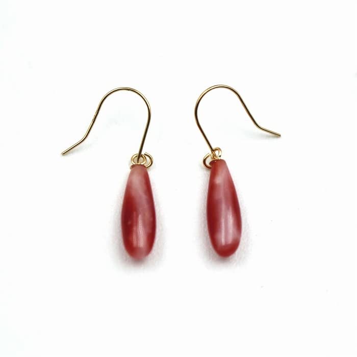 12mm Blood Red Coral American Style Pierced Droplet 18K Made In Japan Earrings, Shape, Gold, Undyed, Kochi,