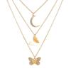 European & American Inlaid Rhinestone Butterfly Pendant Necklace: Women's Creative Simple Alloy Three-Layer Design.
