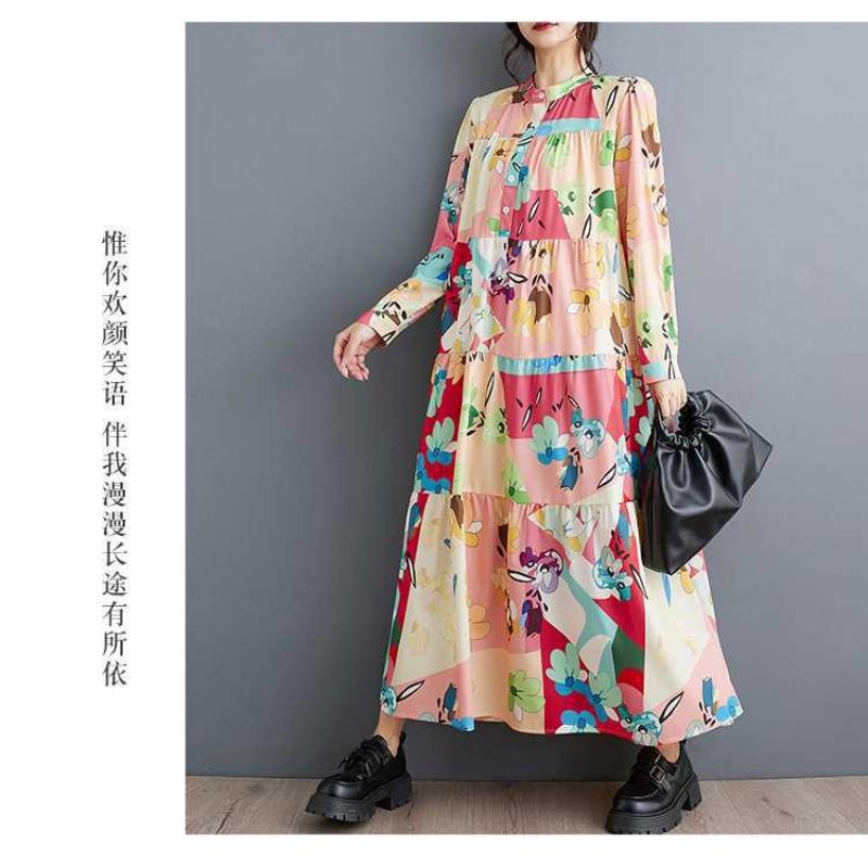 New Large Size Loose Thin Fashion Long-sleeved Printed Mid-length Dresses
