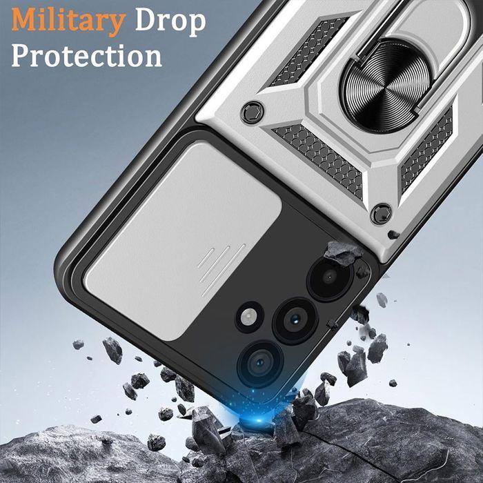 Coque pour Samsung Galaxy S26 Plus, Antichoc avec Anneau et Protection Caméra Coulissante - Argenté