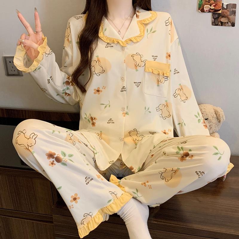 Imitation cotton ruffle leaf edge pastoral cute rabbit girl pajamas autumn long-sleeved cartoon soft glutinous loungewear two-piece set