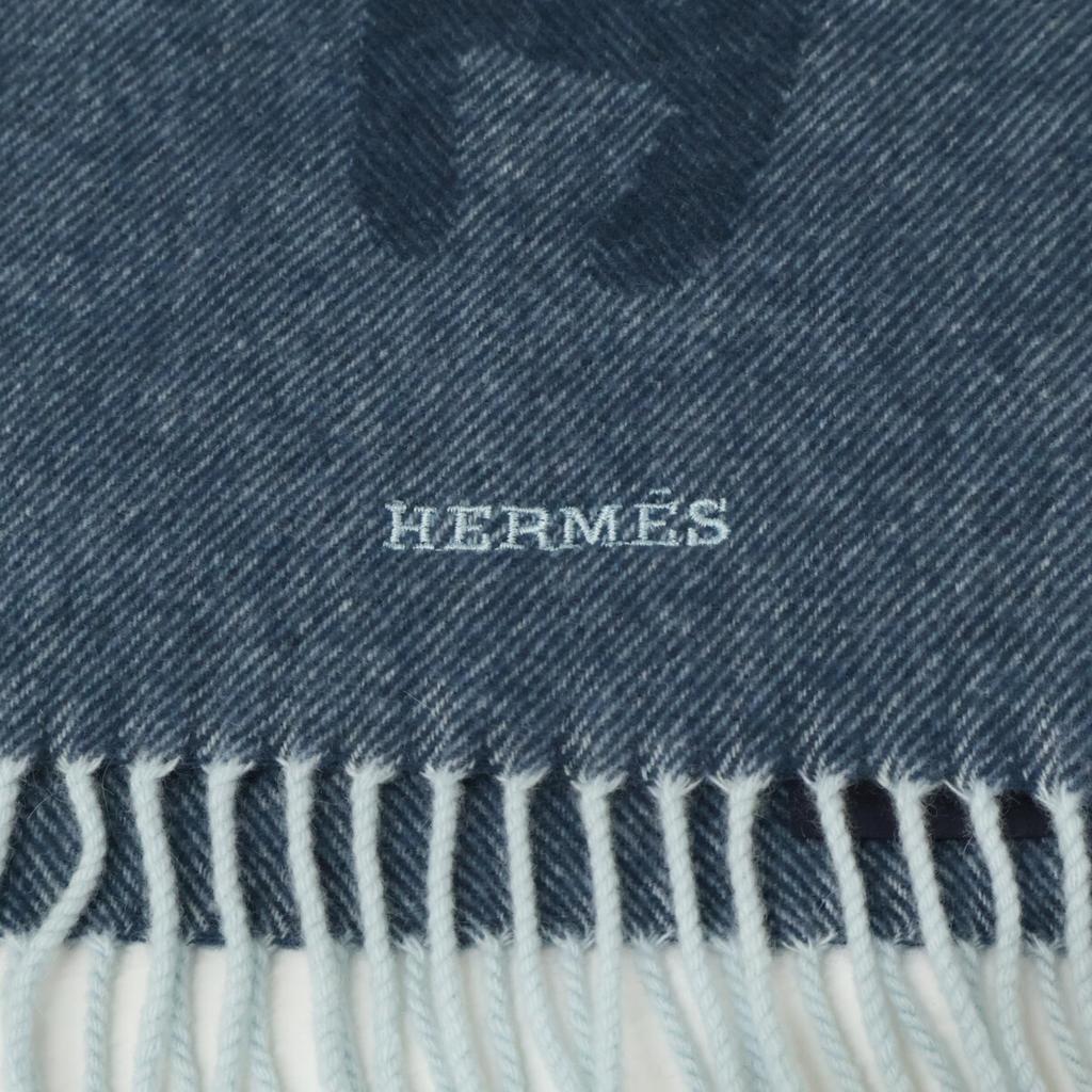 HERMES Logo Embroidery Crazy Chain Cashmere Fringe Scarf blueUsed