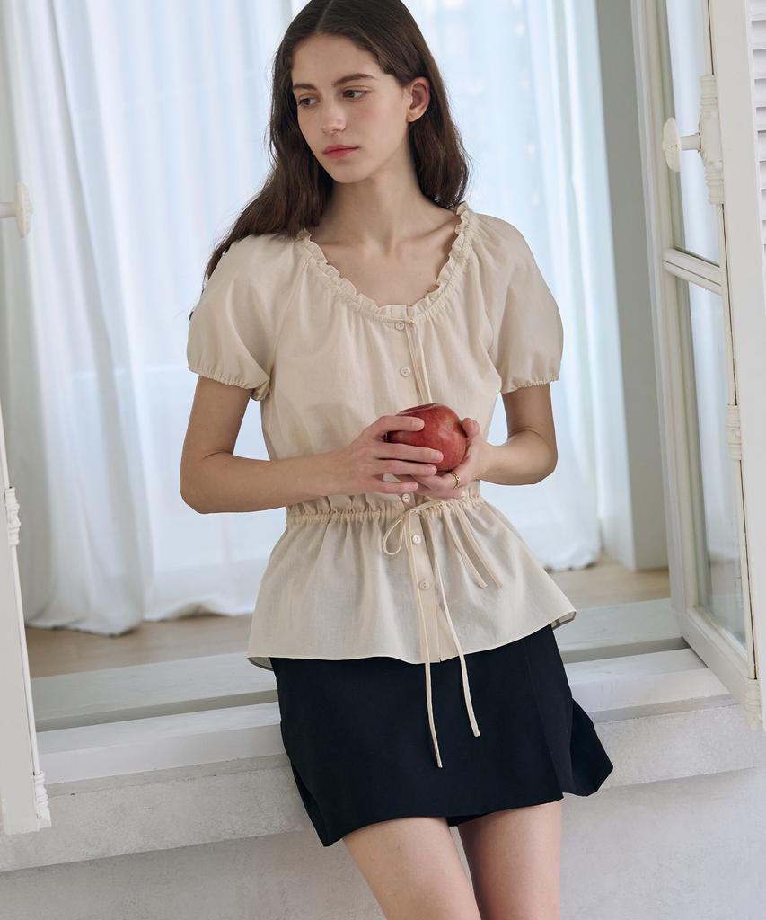 Deuloupisumeon Ribbon Puff Sleeve Blouse [Black]