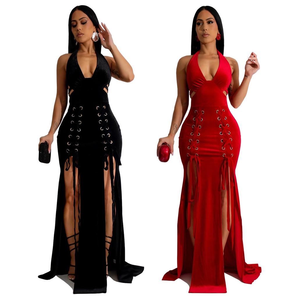 Women's Halter Backless Sexy Slit Long Dress - European and American Fashion