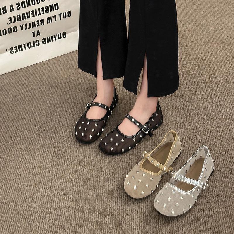 Fashion Summer Women's Flat Shoes Fashion Round Toe Rhinestone Mary Jane Ballet Breathable Elegant 2025 Comfortable Shoes Zapatos Mujer