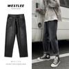 Straight denim pants, men's loose fitting wide leg pants, trendy brand retro washed trendy cropped casual pants