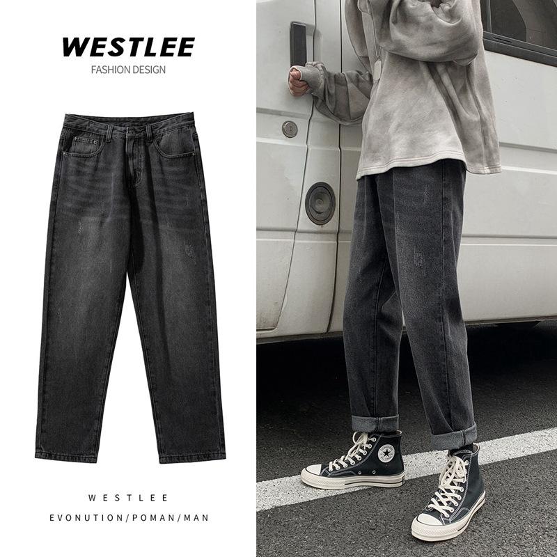Straight denim pants, men's loose fitting wide leg pants, trendy brand retro washed trendy cropped casual pants