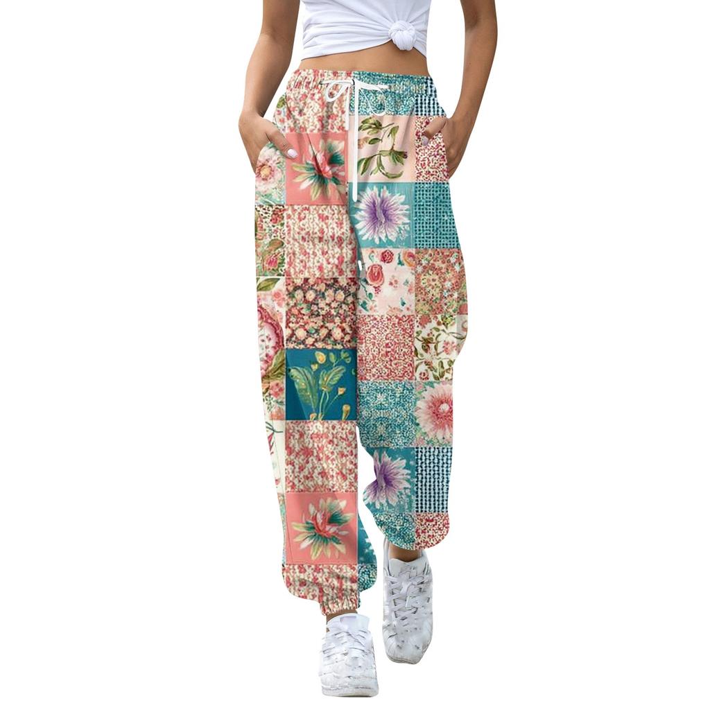 Women's Casual Patchwork Print Jogger Sweatpants with Drawstring Elastic Waist and Cuffed Leg