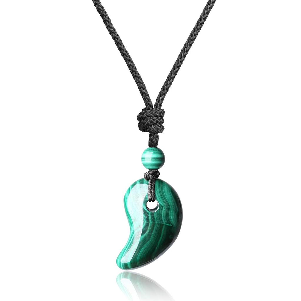 Malachite Amulet Healing Good Luck Charm Magatama Necklace Adjustable Length Men Women [Koai]