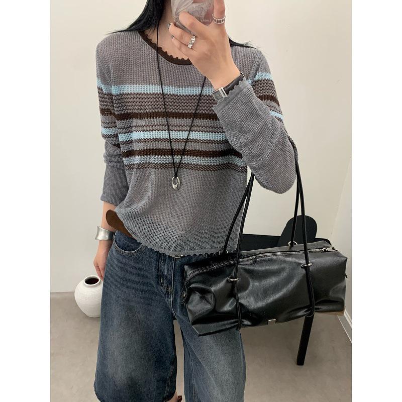 Chic Korean-Style Striped Knit Sweater for Women - 2025 Long Sleeve Hollow Out Top