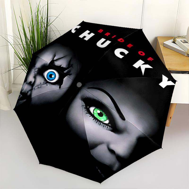 1pc Bride of Chucky Fashion Automatic 3-Fold Cartoon Umbrella Design, Cute Cartoon Pattern, Portable Outdoor Umbrella, Perfect, Holiday Gift for