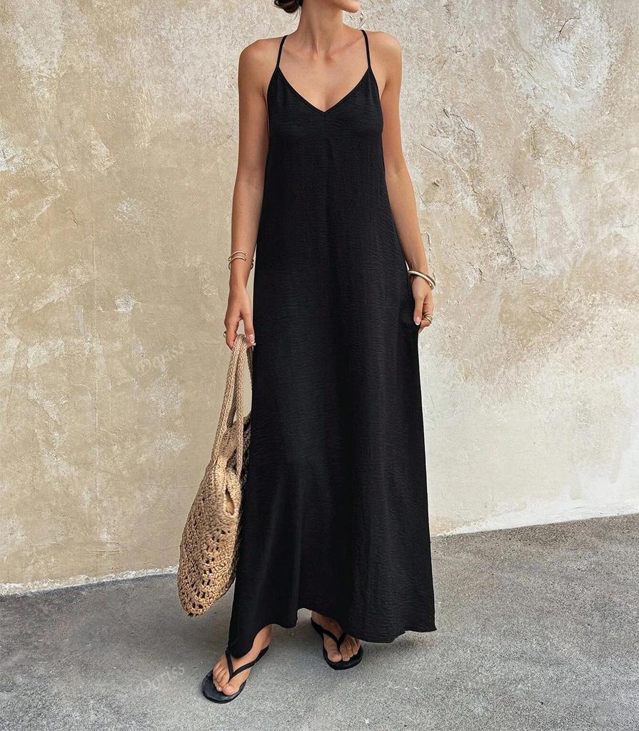 European & American Solid Color Sleeveless Beach Dress with Thin Straps