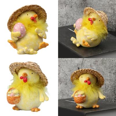 Creative Cute Straw Hat Chicken Resins Miniature Statue Plush Chicken Sculpture Easters Home Desktops Decors Ornament