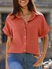 Women's V Neck Collared Button Down Shirt Short Sleeve Top with Pockets