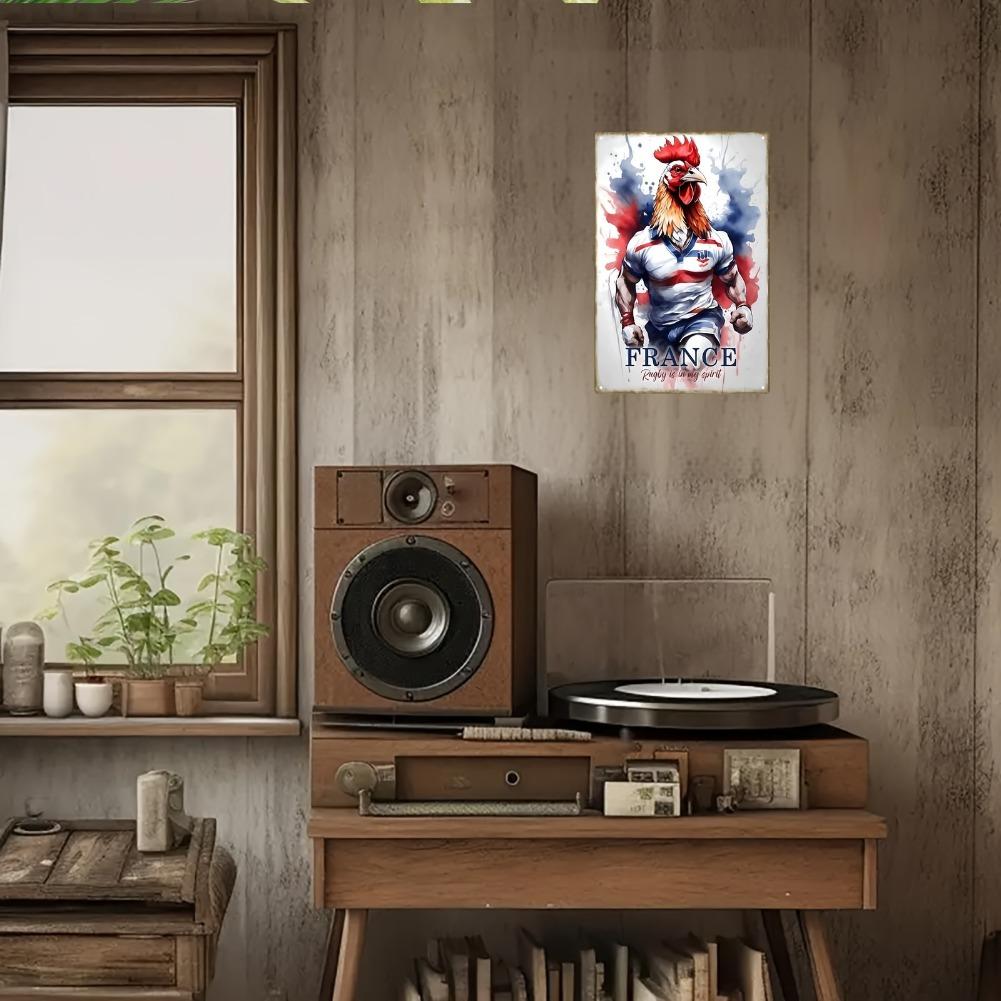 2D Flat, 1pc Vintage French Rugby Metal Wall Art Sign - 8x12 Inch Iron Rooster In France Jersey with Graffiti Background