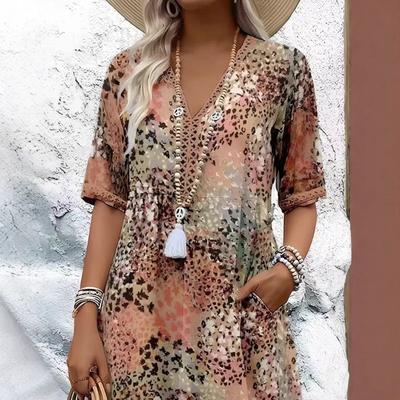 Abiti da Donna alla Moda con Stampa e Pizzo Incrostato con Scollo a V e Maniche Corte