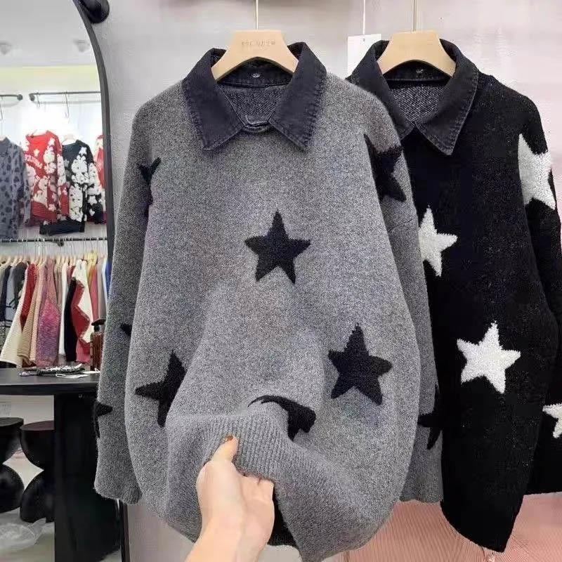 Women Autumn Winter Sweater Thickened Warm Knitted Stretchy Long-Sleeve Oversized Top