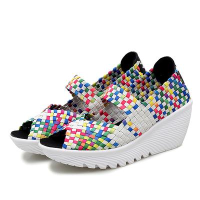 Summer Beach Wedge Heel Sandals Women Breathable Weave Thick Sole Platform Open Toe Mary Jane Shoes