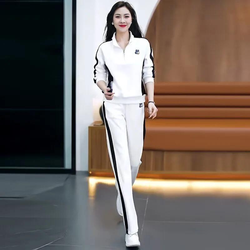 2025 Trendy Slimming Stand-up Collar Sweatshirt & Wide-leg Pants Set for Women - Casual Spring/Autumn Sportswear