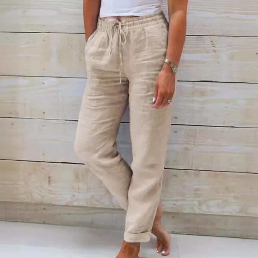 Pantalones Casuales de Algodón Lino Elástico de Cintura Alta para Mujer 2024