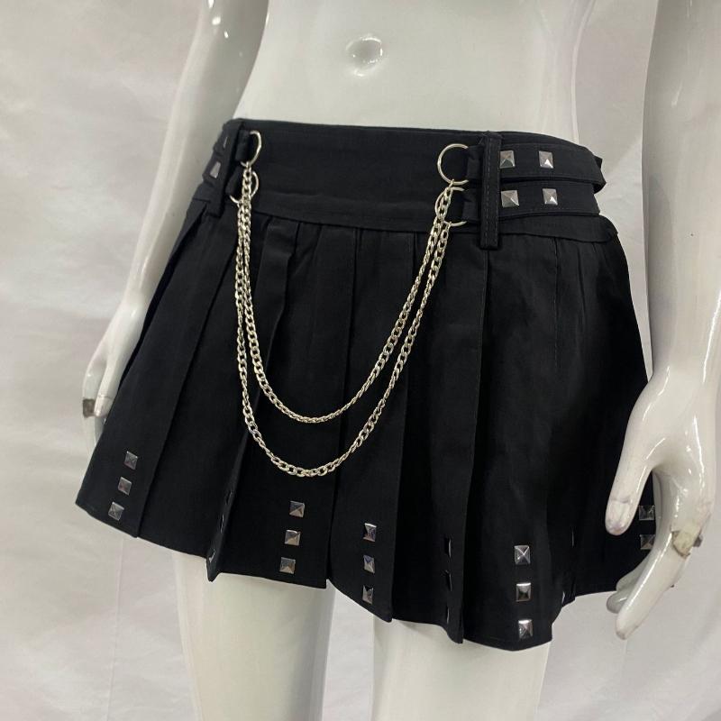 European and American Summer Women's Hot Stamping Design Pleated Skirt Chain Splicing Decoration Fashionable Half Skirt