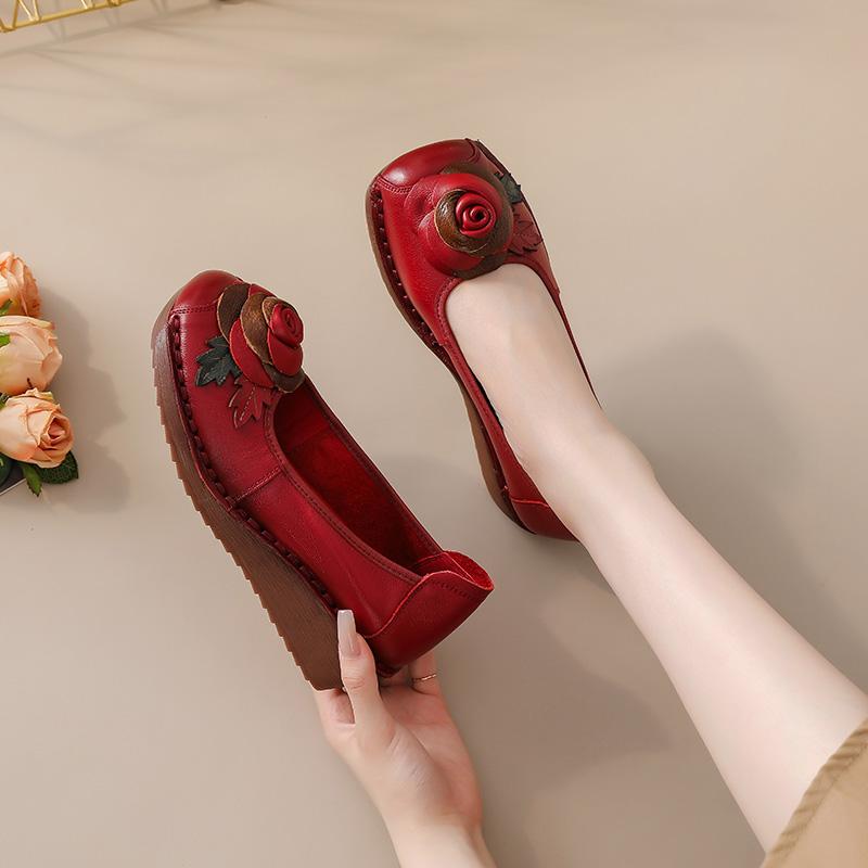 Fashion Rose flower slip on flats women's autumn genuine leather shoes woman shallow wedge heels ladies elegant retro moccasins loafers