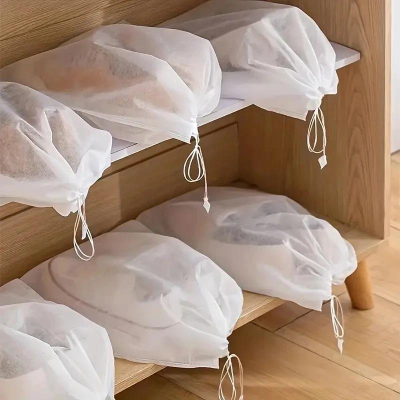 10PCS White Portable Shoe Bag Non-woven Drawstring Shoe Storage Bag Anti Yellowing Travel Storage Home Storage Supplies