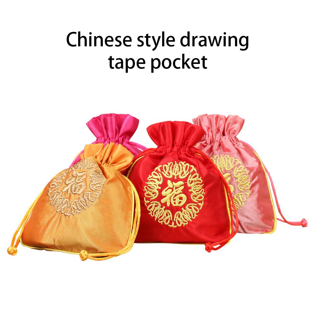 Drawstrings Bag Fu Word Embroidered Multipurpose Elegant Portable Gift Bags Artsy Pouches Wedding Christmas Household