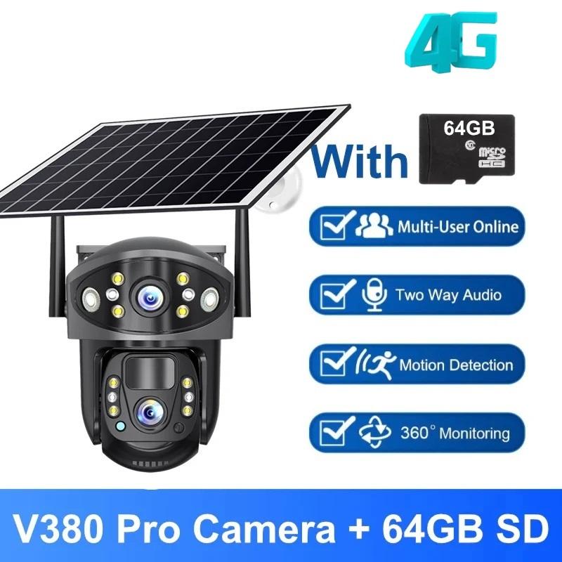 Dual Lens Solar Security Camera, 4G/WiFi Outdoor Monitor with Night Vision, HD Rechargeable PIR Surveillance System