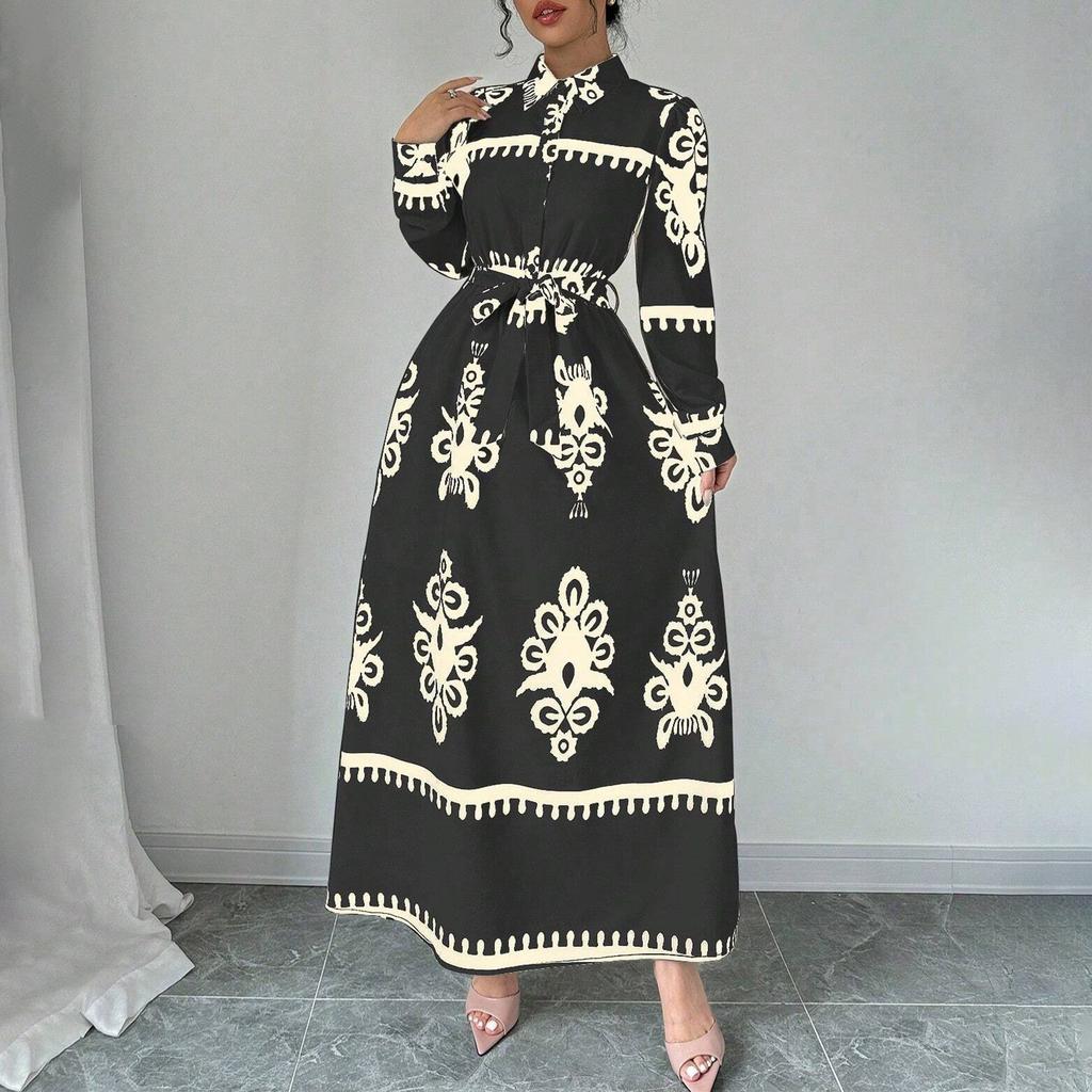 Women's Long Sleeve Lapel Button Printed Bodycon Sexy Nightclub Party Belted Dress