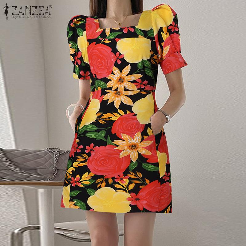 

ZANZEA Женское пышное мини-платье с короткими рукавами и квадратным вырезом с цветочным принтом и тонкой талией