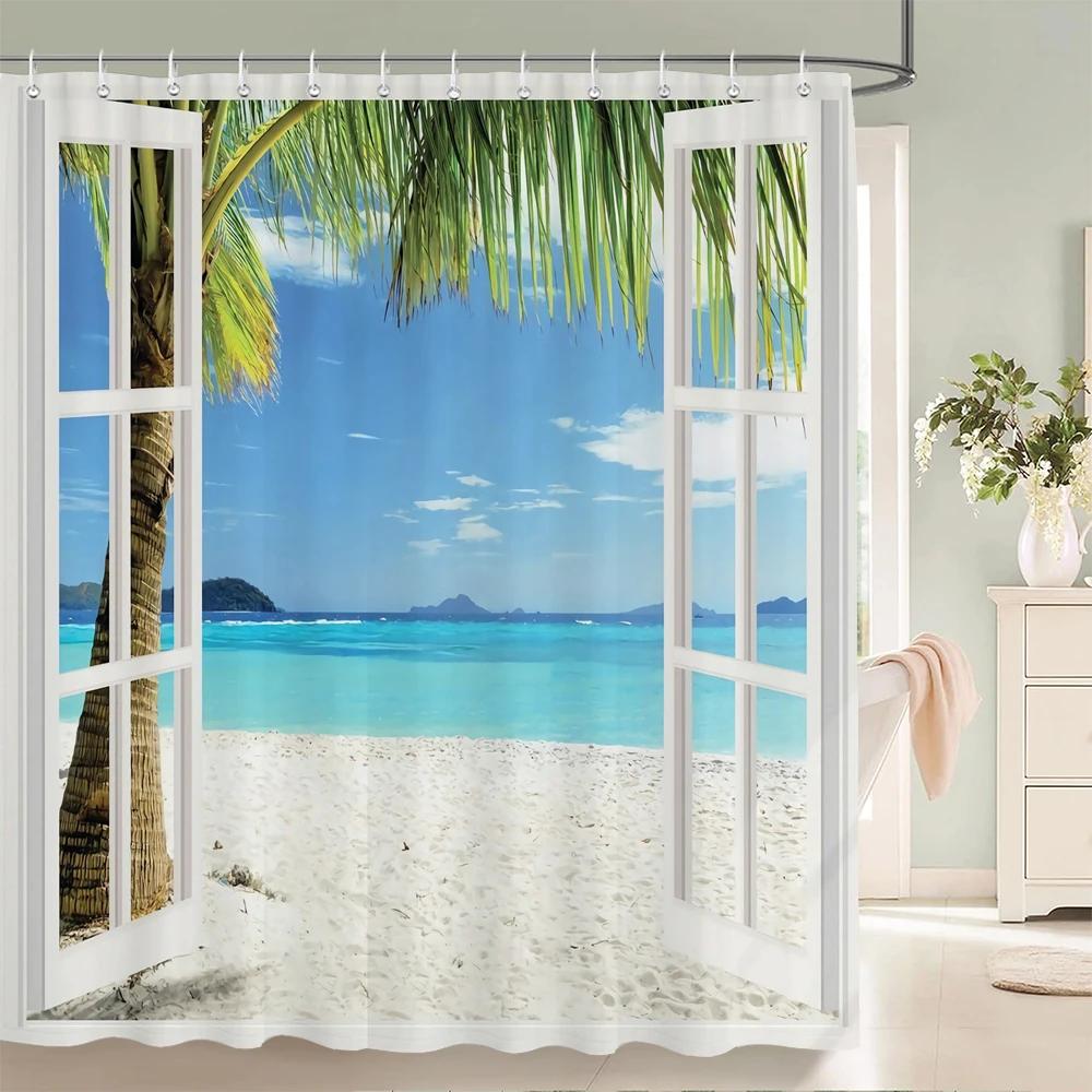 3d Strand Landschaft Duschvorhänge Meer Ozean Mittelmeer Badezimmer Vorhang Wasserdichte Stoff Dekoration 180*240 cm Bad Vorhang