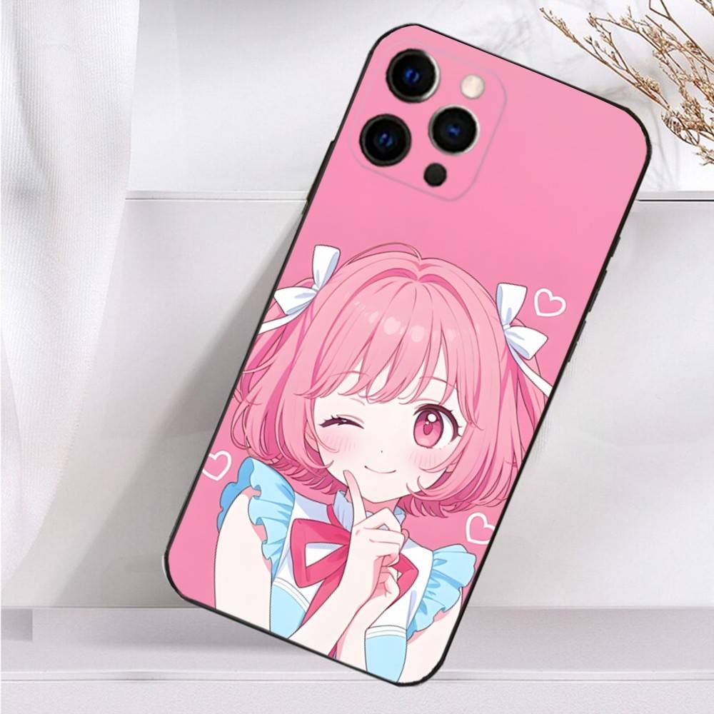Beauty Girl Cartoon Pink  Case For iPhone 16,15,17,14,13,12,11 Plus,Pro Max,XS,X,XR,SE,Mini,8,7 Soft Silicone Black Cover