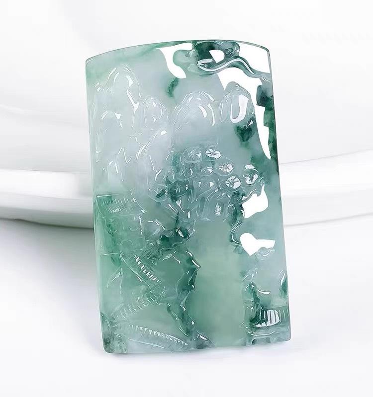 Unisex Myanmar Jade Square Landscape Pendant Necklace Gift