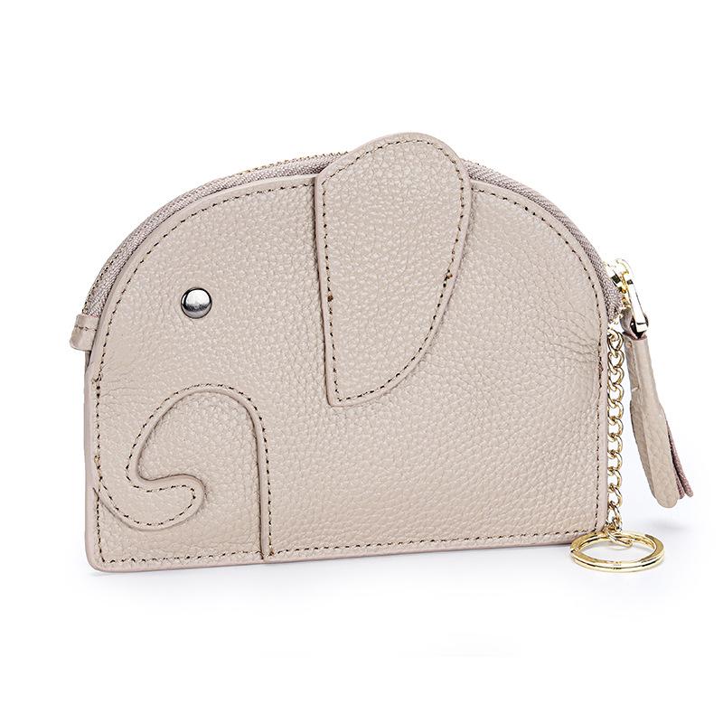 Women's Top Grain Cowhide Mini Coin Purse with Elephant Keychain - Cute, Japanese Style, Real Leather, Super Thin