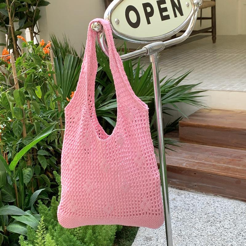 Mori hollow flower knitted shoulder bag large capacity woven tote bag seaside vacation handbag