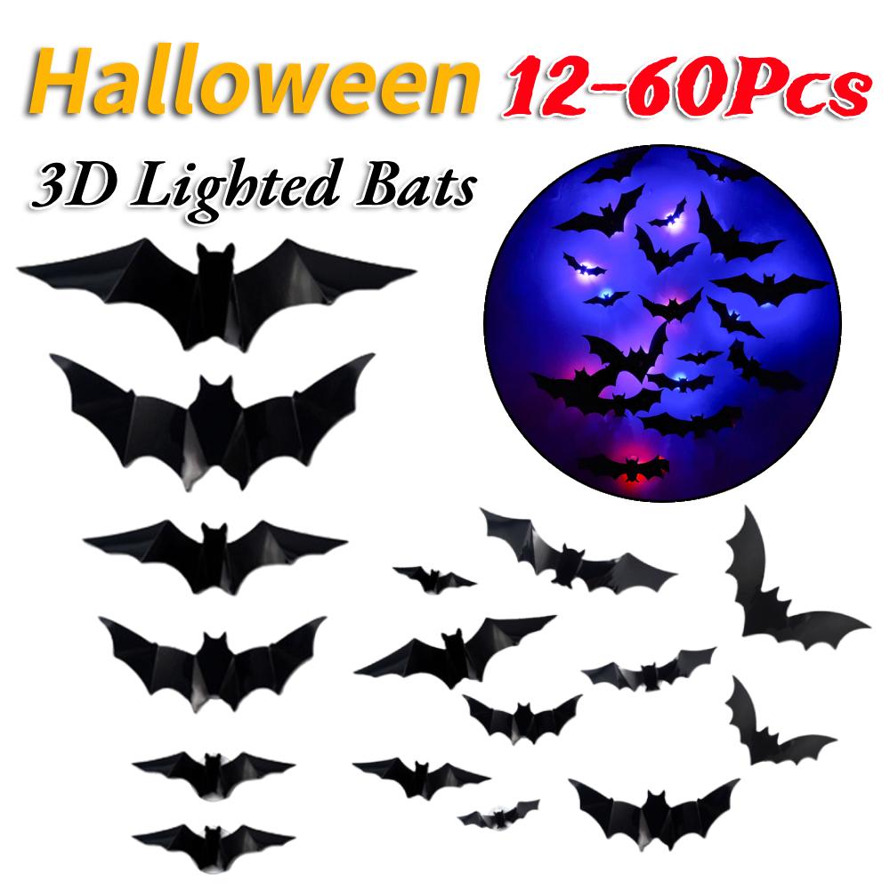 12/24/36/48/60Pcs New Halloween 3D Lighted Bats Wall Stickers Halloween Party DIY Decorative Horror Bats Removable Stickers