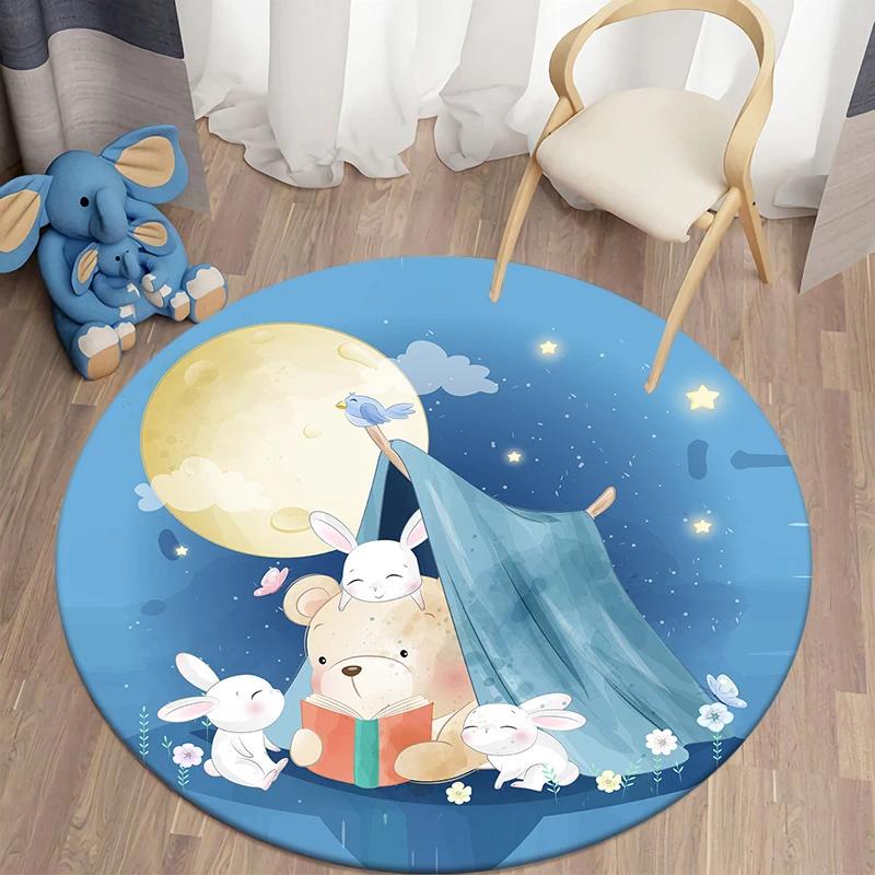Cartoon Animal Round Carpet Decor Rugs Non-slip Animal Pattern Floor Mat for Kids Bathroom Kitchen Living Room Bedroom Carpets 60cm x 60cm