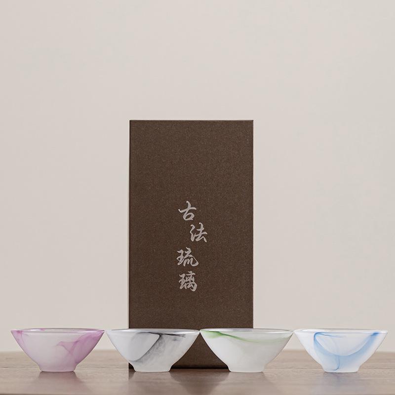 Chinese Ink Painting Glass Tea Cup Bamboo Hat Shape Gongfu Teaware Set with Gift Box for Home Ceremony Collection