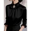 Women ruffled stand collar satin three quarter sleeve shirt multi color slim fit rhinestone pearl brooch office elegant blouse