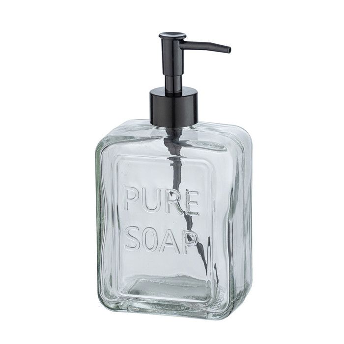 WENKO Distributeur De Savon Liquide "Pure Soap", Capacité 550 Ml, Distributeur De Savon Liquide En Verre, 9,5x20x6 Cm, Transparent