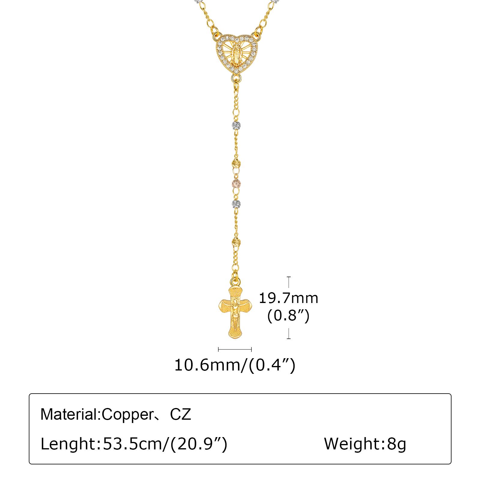 Virgin Mary Zirconia Heart Rosary Cross Bracelet, Tri-color Beaded Link for Women Adjustable Wrist Hand