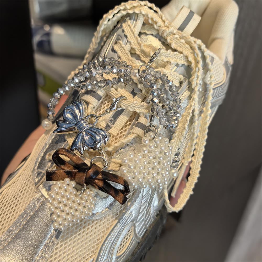 Silver Crystal Bow Shoelaces Charms for Sneakers Decorations Pearls Love Shoe Charm Buckle DIY Shoes Accessories 1Pc/2Pcs