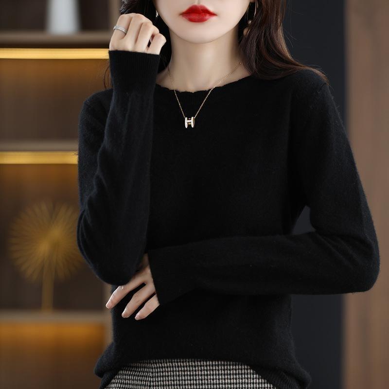 Lässiges Spitzen-Rundhals-Unterhemd Damen Herbst- und Winterpullover Langarmpullover