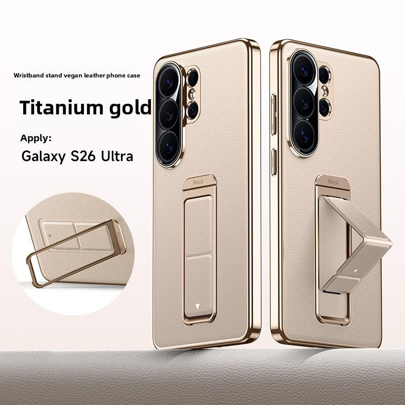 Luxury Business Leather Alloy Folding Stand Phone Case for Samsung S26 Ultra S25 S24 S23 Anti-fall Wrist Strap For Magsafe Cover