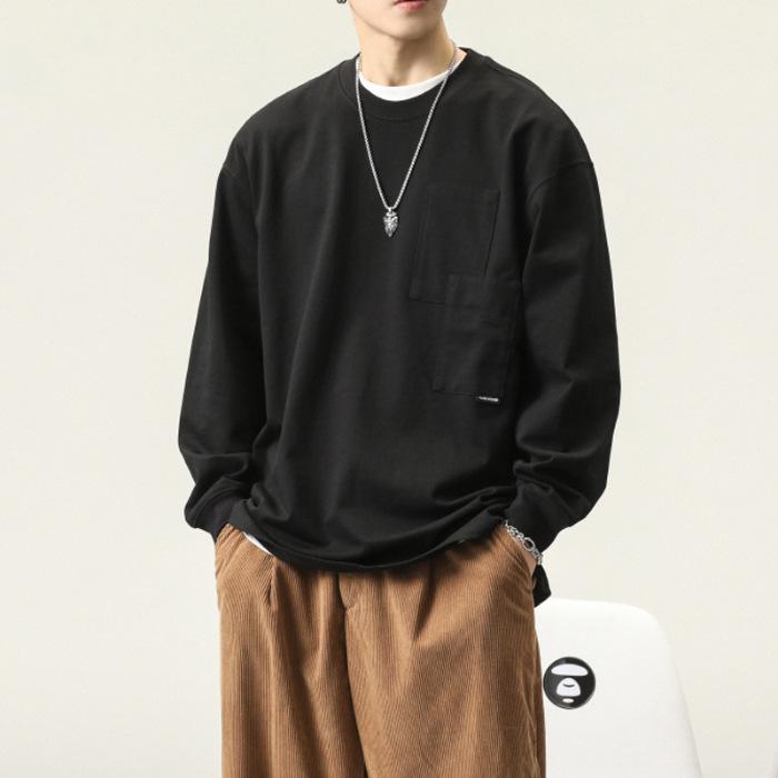 

Весенне-осенняя новая футболка однотонная футболка с длинным рукавом весенне-осенняя трендовая мужская свободная повседневная базовая футболка 4XL чёрный