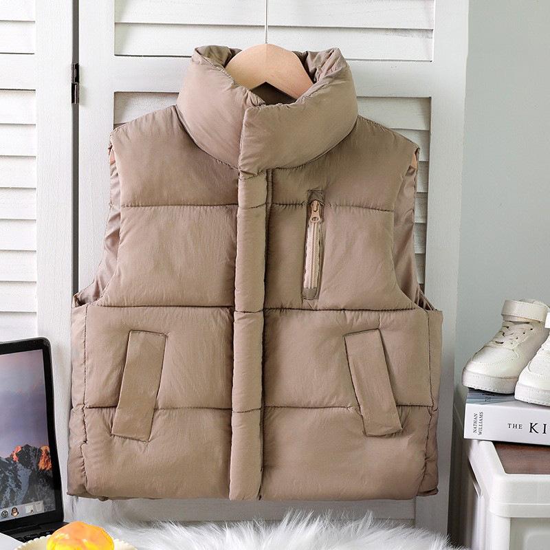 Children's Zippered Down Cotton Stand-up Collar Vests for Autumn and Winter, Solid-colored Vests for Boys and Girls
