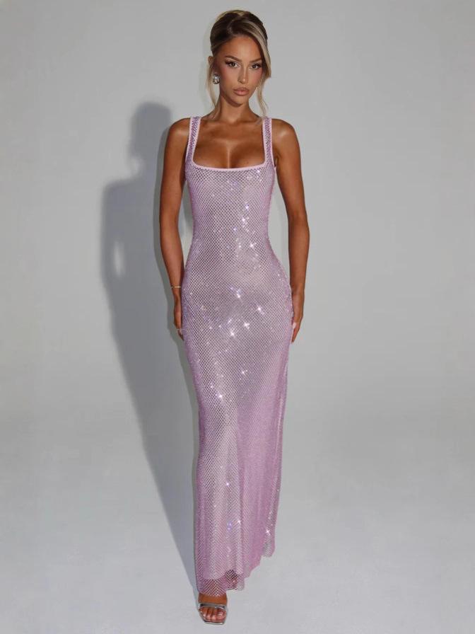 Elegant 2025 Sequin Rhinestone Bodycon Evening Dress with Double Shoulder Strap