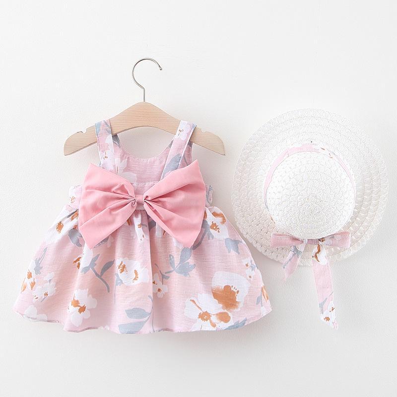 A749 Summer Baby Girl Princess Dress with Big Bow & Flower Skirt, Includes Hat, for Ages 1-4